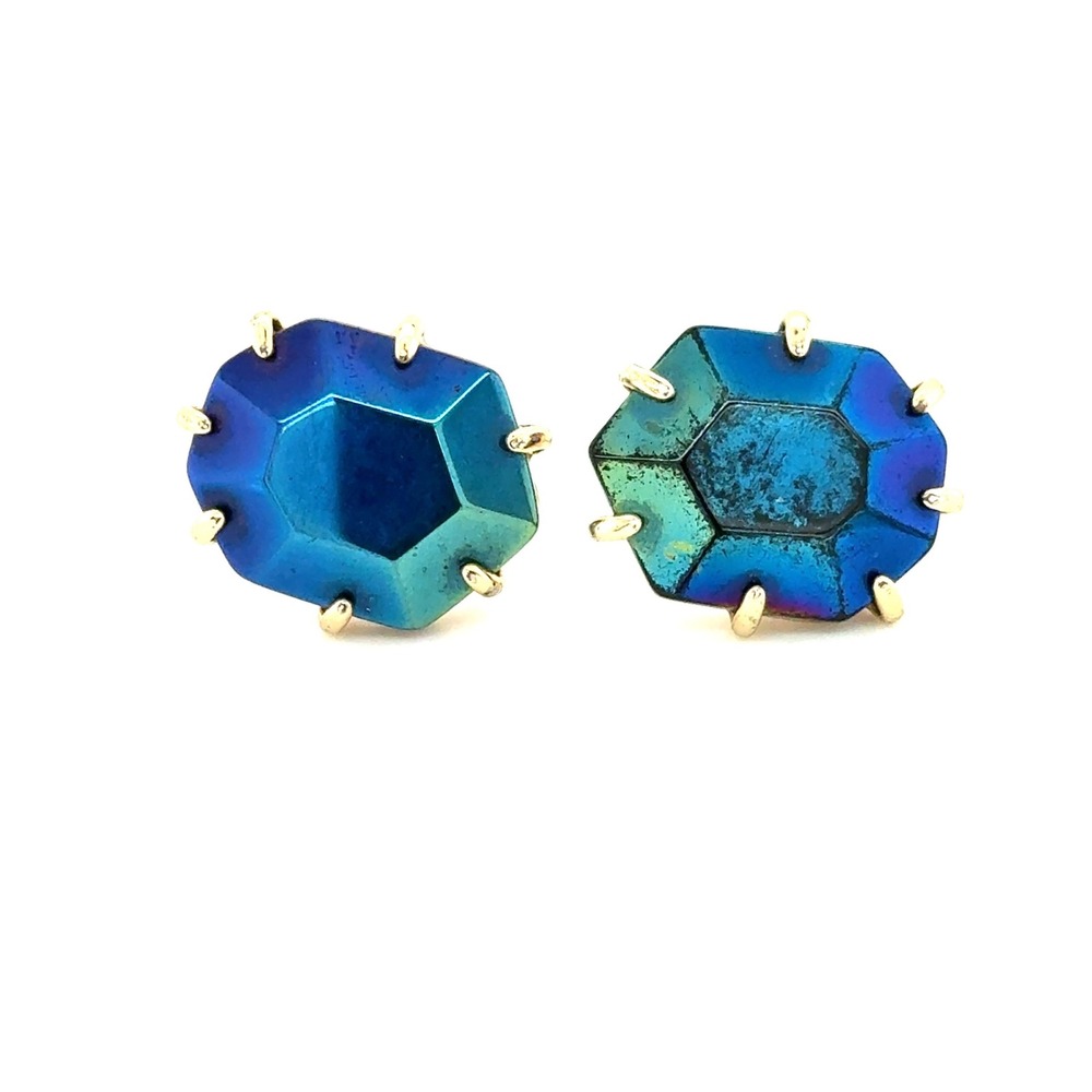 Kendra Scott Iridescent Blue Dichroic‎ Glass Gold Tone Stud Earrings Retired